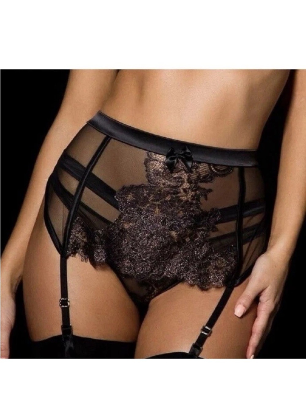 Honey Birdette Valentina Sheer Black High-Waist Lace Garter